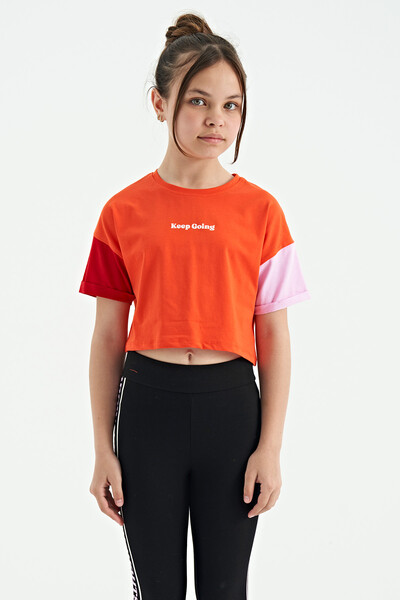 Tommylife Toptan Portakal Yazı Baskılı O Yaka Düşük Omuzlu Oversize Kız Çocuk T-Shirt - 75130 - Thumbnail