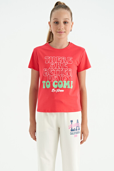 Tommylife Toptan Rose O Yaka Yazı Baskılı Rahat Form Kısa Kollu Cropped Kız Çocuk T-Shirt - 75118 - Thumbnail