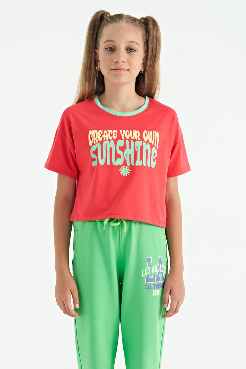 TOMMYLIFE - Tommylife Toptan Rose Renkli Yazı Baskılı O Yaka Oversize Kısa Kollu Kız Çocuk T-Shirt - 75111