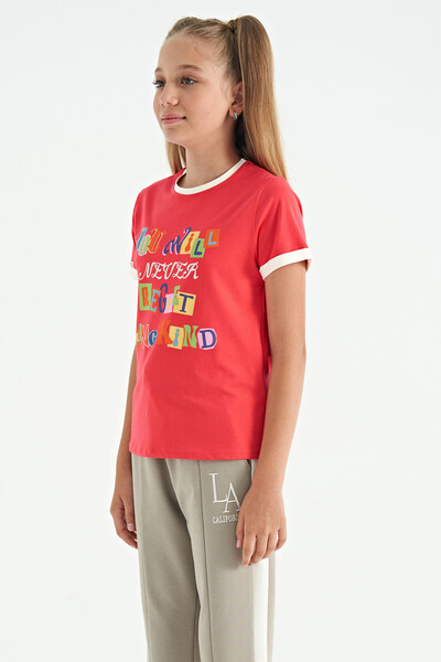Tommylife Toptan Rose Renkli Yazı Detaylı O Yaka Rahat Form Kız Çocuk T-Shirt - 75109 - Thumbnail
