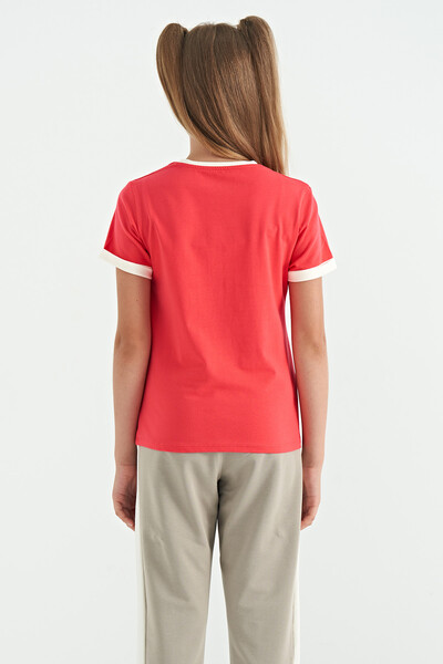 Tommylife Toptan Rose Renkli Yazı Detaylı O Yaka Rahat Form Kız Çocuk T-Shirt - 75109 - Thumbnail