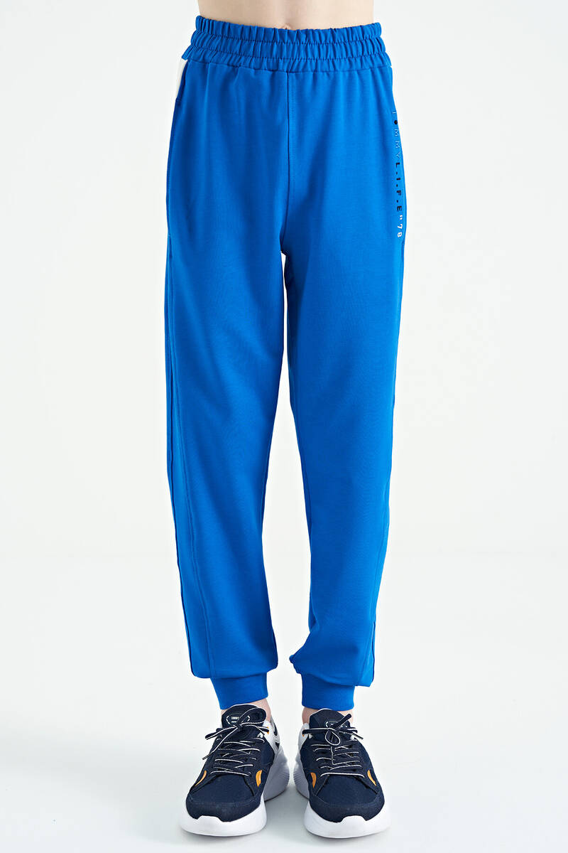 TOMMYLIFE - Tommylife Toptan Saks Yan Şerit Renk Bloklu Standart Kalıp Jogger Erkek Çocuk Eşofman Alt - 11063