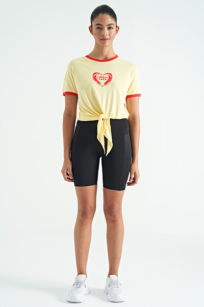 Tommylife Toptan Sarı Bağlama Detaylı Croppet Fıt Kadın T-Shirt - 02270 - Thumbnail