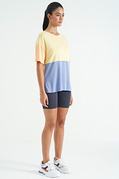 Tommylife Toptan Sarı Çok Renkli O Yaka Oversize Kadın Basic T-Shirt - 02309 - Thumbnail