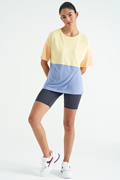 Tommylife Toptan Sarı Çok Renkli O Yaka Oversize Kadın Basic T-Shirt - 02309 - Thumbnail