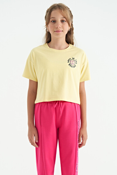 Tommylife Toptan Sarı Ön Arka Baskılı O Yaka Düşük Omuz Oversize Kısa Kollu Kız Çocuk T-Shirt - 75126 - Thumbnail