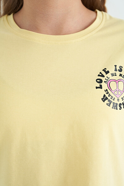 Tommylife Toptan Sarı Ön Arka Baskılı O Yaka Düşük Omuz Oversize Kısa Kollu Kız Çocuk T-Shirt - 75126 - Thumbnail