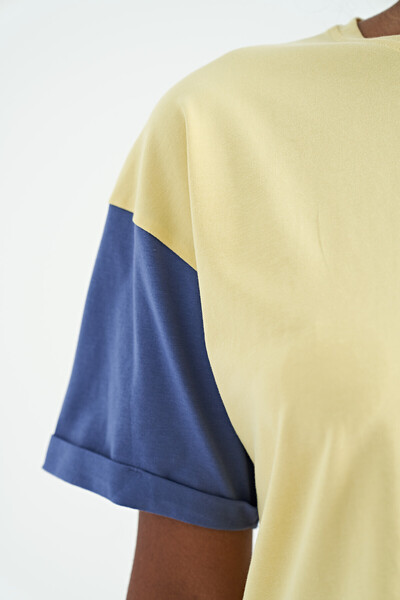 Tommylife Toptan Sarı Üç Renk Düşük Omuzlu Oversize Baskılı Crop Kadın T-Shirt - 02266 - Thumbnail