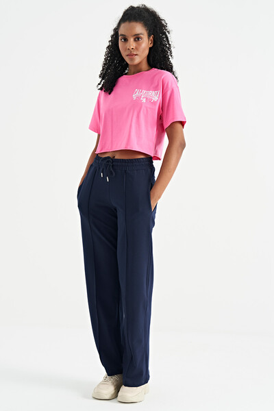 Tommylife Toptan Şeker Pembe Baskılı Düşük Kol Detaylı Oversize Kadın Crop T-Shirt - 02179 - Thumbnail