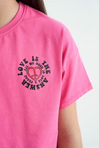 Tommylife Toptan Şeker Pembe Ön Arka Baskılı O Yaka Düşük Omuz Oversize Kısa Kollu Kız Çocuk T-Shirt - 75126 - Thumbnail