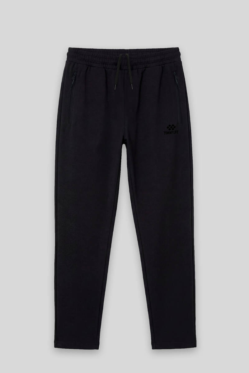 TOMMYLIFE - Tommylife Toptan Siyah Basic Belden Bağcıklı Klasik Paça Erkek Büyük Beden Eşofman Alt - 84844