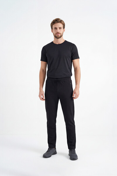 TOMMYLIFE - Tommylife Toptan Siyah Basic Fermuar Cepli Klasik Paça Büyük Beden Erkek Eşofman Alt - 84508