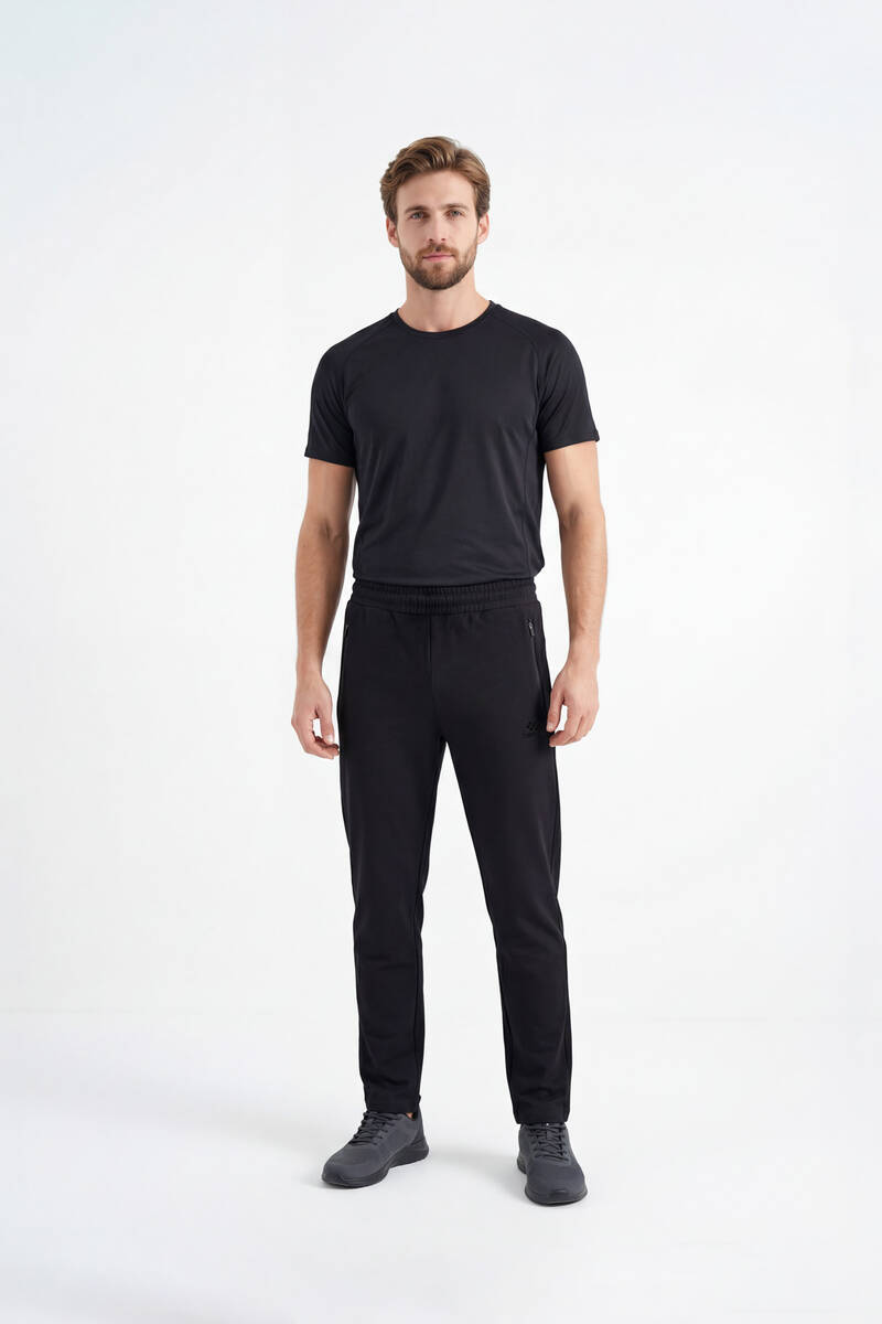 TOMMYLIFE - Tommylife Toptan Siyah Basic Fermuar Cepli Klasik Paça Büyük Beden Erkek Eşofman Alt - 84508