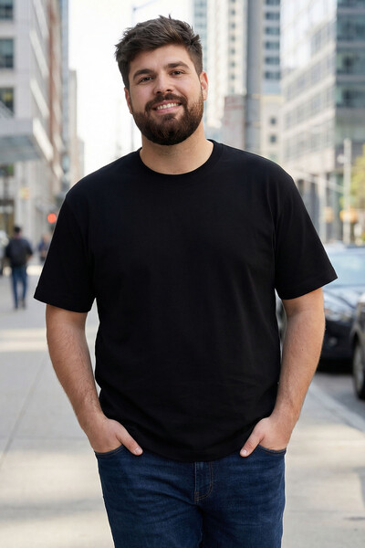 TOMMYLIFE - Tommylife Toptan Siyah Basic Kısa Kol O Yaka Büyük Beden Erkek T-Shirt - 88072