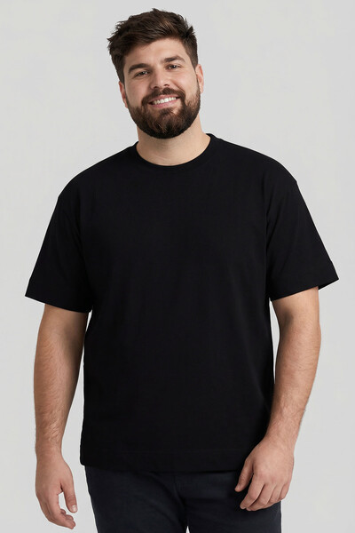 Tommylife Toptan Siyah Basic Kısa Kol O Yaka Büyük Beden Erkek T-Shirt - 88072 - Thumbnail