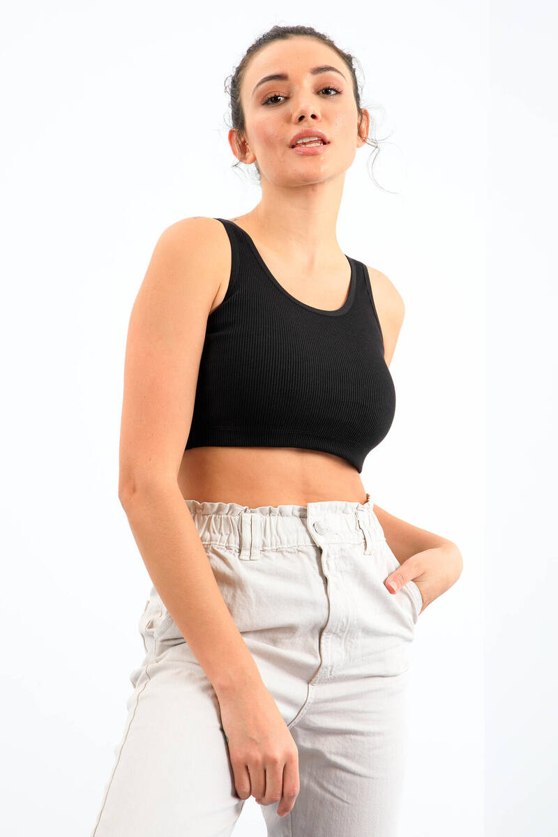 TOMMYLIFE - Tommylife Toptan Siyah Basic Sıfır Kol Dar Kalıp U Yaka Kadın Crop Top Atlet - 97160