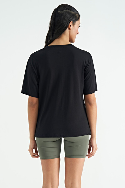Tommylife Toptan Siyah Baskı Detaylı Oversize O Yaka Basic Kadın T-Shirt - 02181 - Thumbnail
