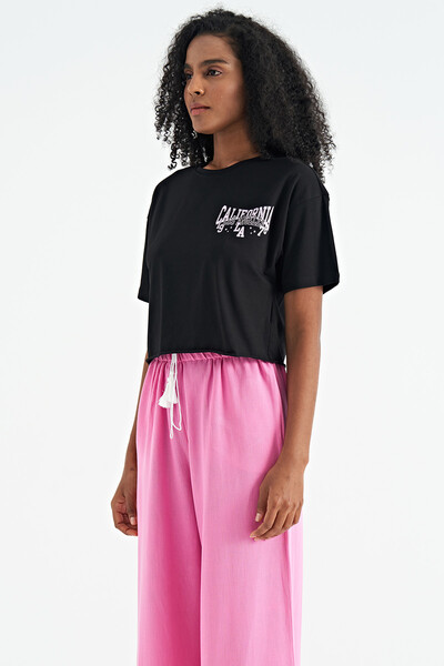 Tommylife Toptan Siyah Baskılı Düşük Kol Detaylı Oversize Kadın Crop T-Shirt - 02179 - Thumbnail