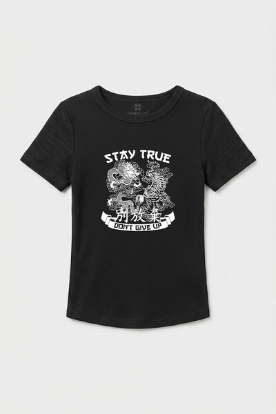 TOMMYLIFE - Tommylife Toptan Siyah Baskılı O Yaka Kadın T-Shirt - 97201