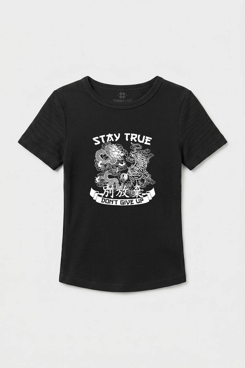 TOMMYLIFE - Tommylife Toptan Siyah Baskılı O Yaka Kadın T-Shirt - 97201
