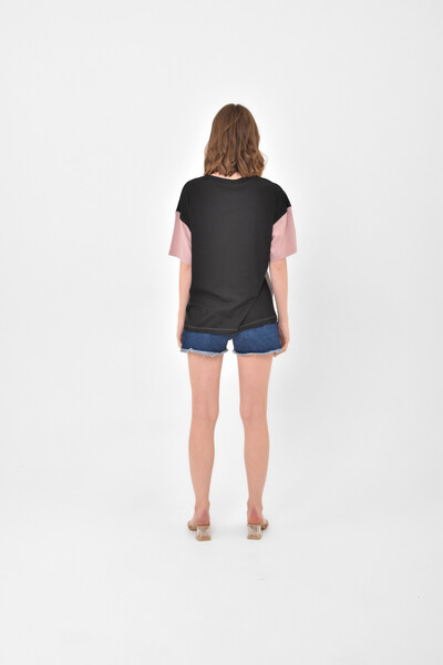 Tommylife Toptan Siyah Çok Renkli O Yaka Oversize Kadın Basic T-Shirt - 02309 - Thumbnail