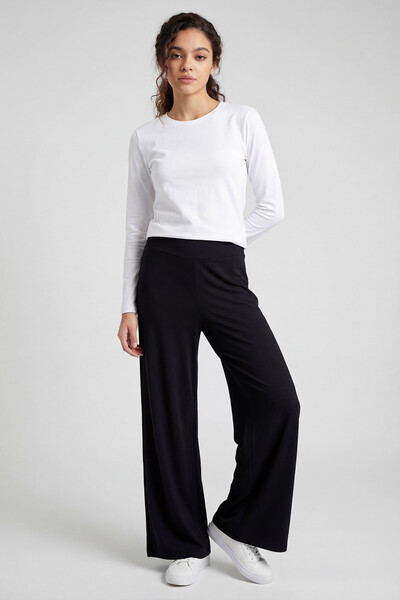 TOMMYLIFE - Tommylife Toptan Siyah Comfort Fit Geniş Paça Korsajlı Palazzo Kadın Pantolon - 94681