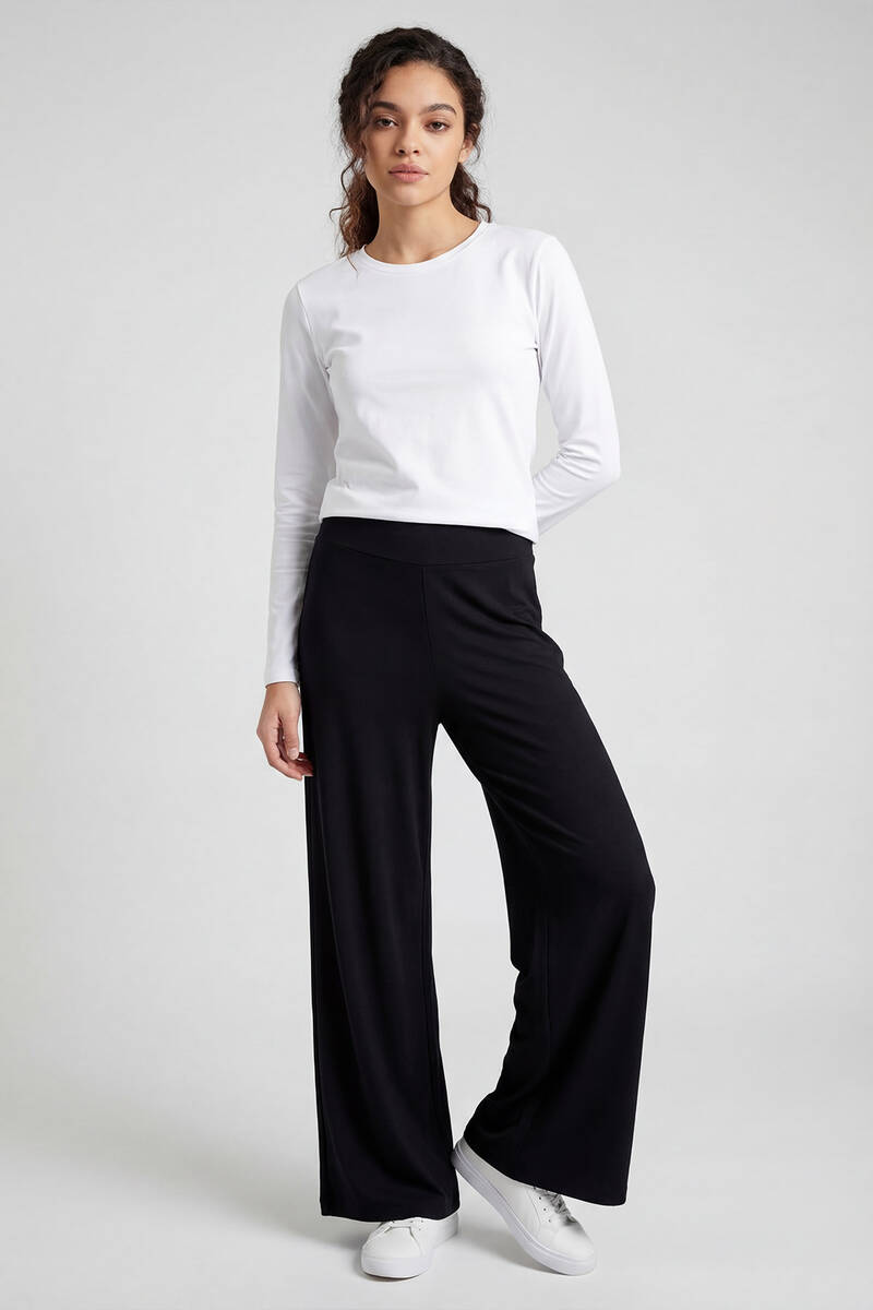 TOMMYLIFE - Tommylife Toptan Siyah Comfort Fit Geniş Paça Korsajlı Palazzo Kadın Pantolon - 94681