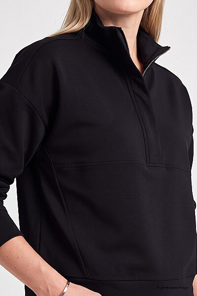 Tommylife Toptan Siyah Dik Yaka Fermuarlı Rahat Form Kadın Sweatshirt - 97314 - 3
