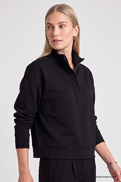 Tommylife Toptan Siyah Dik Yaka Fermuarlı Rahat Form Kadın Sweatshirt - 97314 - 4