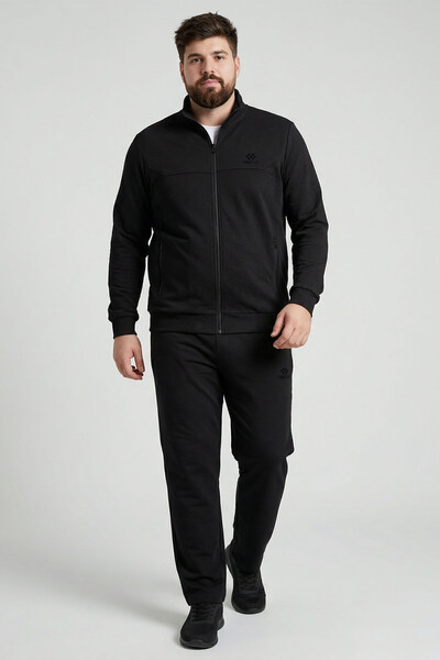 TOMMYLIFE - Tommylife Toptan Siyah Dik Yaka Klasik Paça Büyük Beden Erkek Eşofman Takım - 85176
