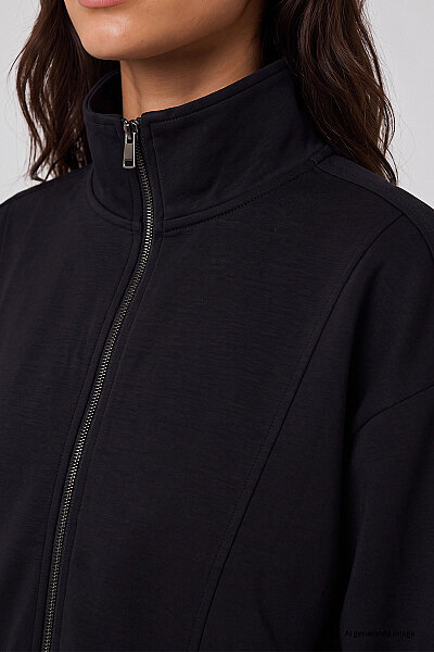 Tommylife Toptan Siyah Dik Yaka Standart Kalıp Crop Kadın Sweatshirt - 97317 - 3