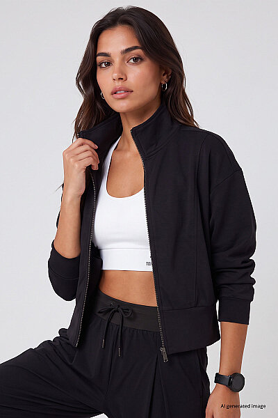 Tommylife Toptan Siyah Dik Yaka Standart Kalıp Crop Kadın Sweatshirt - 97317 - 4
