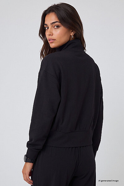 Tommylife Toptan Siyah Dik Yaka Standart Kalıp Crop Kadın Sweatshirt - 97317 - 5