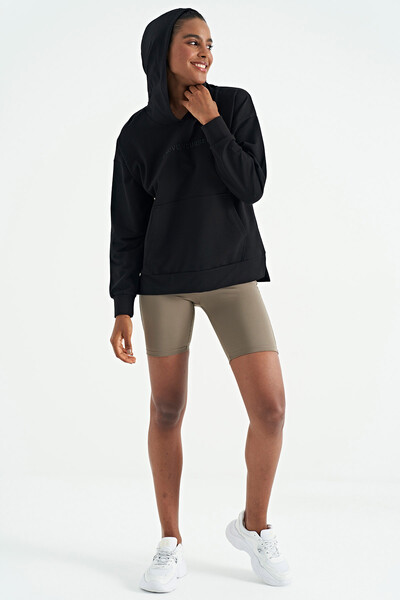 Tommylife Toptan Siyah Kadın Kapüşonlu Kanguru Cep Kadın Oversize Sweatshirt - 97161 - Thumbnail