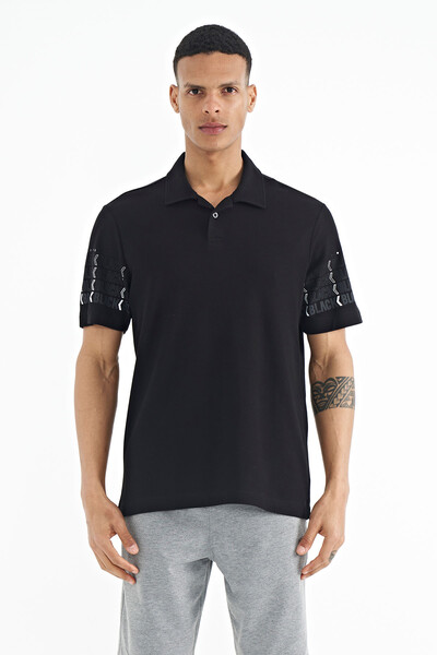 Tommylife Toptan Siyah Kol Baskı Detaylı Polo Yaka Standart Form Erkek T-Shirt - 88240 - Thumbnail