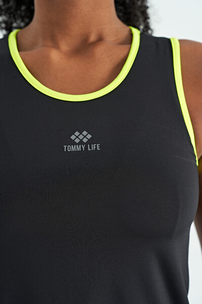 Tommylife Toptan Siyah Logo Baskılı Biye Şeritli Standart Kalıp Kadın Spor Atlet - 97255 - Thumbnail