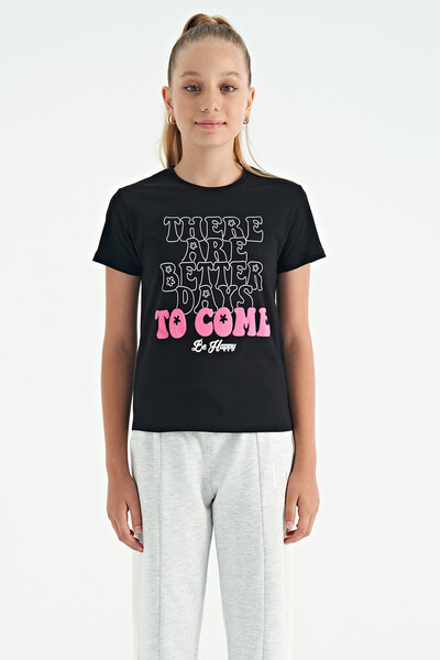 Tommylife Toptan Siyah O Yaka Yazı Baskılı Rahat Form Kısa Kollu Cropped Kız Çocuk T-Shirt - 75118 - Thumbnail