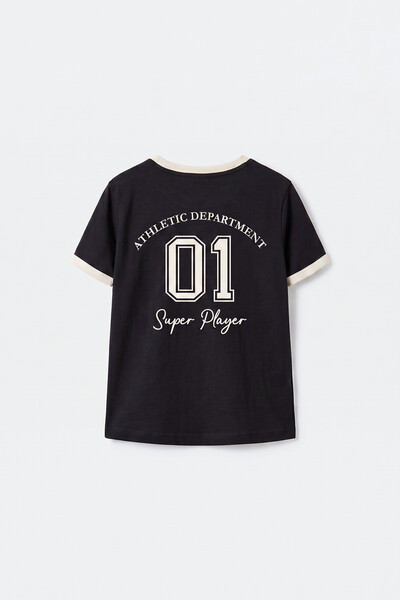 Tommylife Toptan Siyah Omuz Biye Detaylı Baskılı Kız Çocuk T-Shirt - 75181 - Thumbnail
