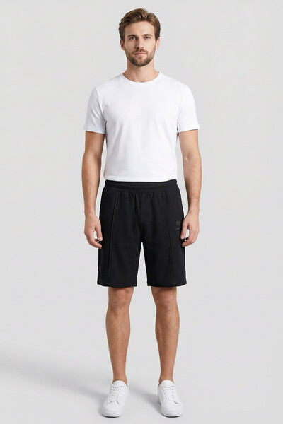 Tommylife Toptan Siyah Oversize Fit Basic Ön Dikiş Detaylı Erkek Şort - 81283 - Thumbnail