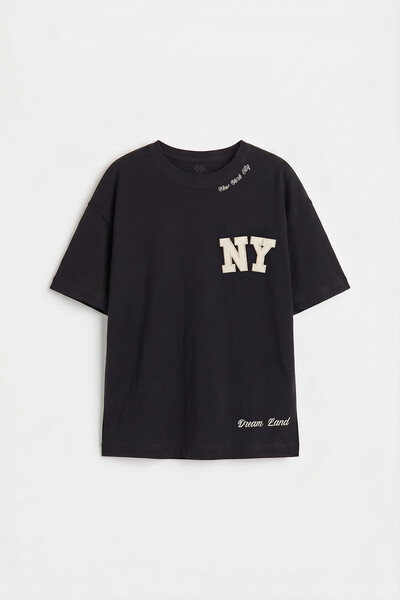 TOMMYLIFE - Tommylife Toptan Siyah Oversize Kısa Kollu Baskılı Kız Çocuk T-Shirt - 75174