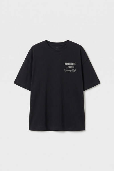TOMMYLIFE - Tommylife Toptan Siyah Oversize Kısa Kollu Baskılı Kız Çocuk T-Shirt - 75175