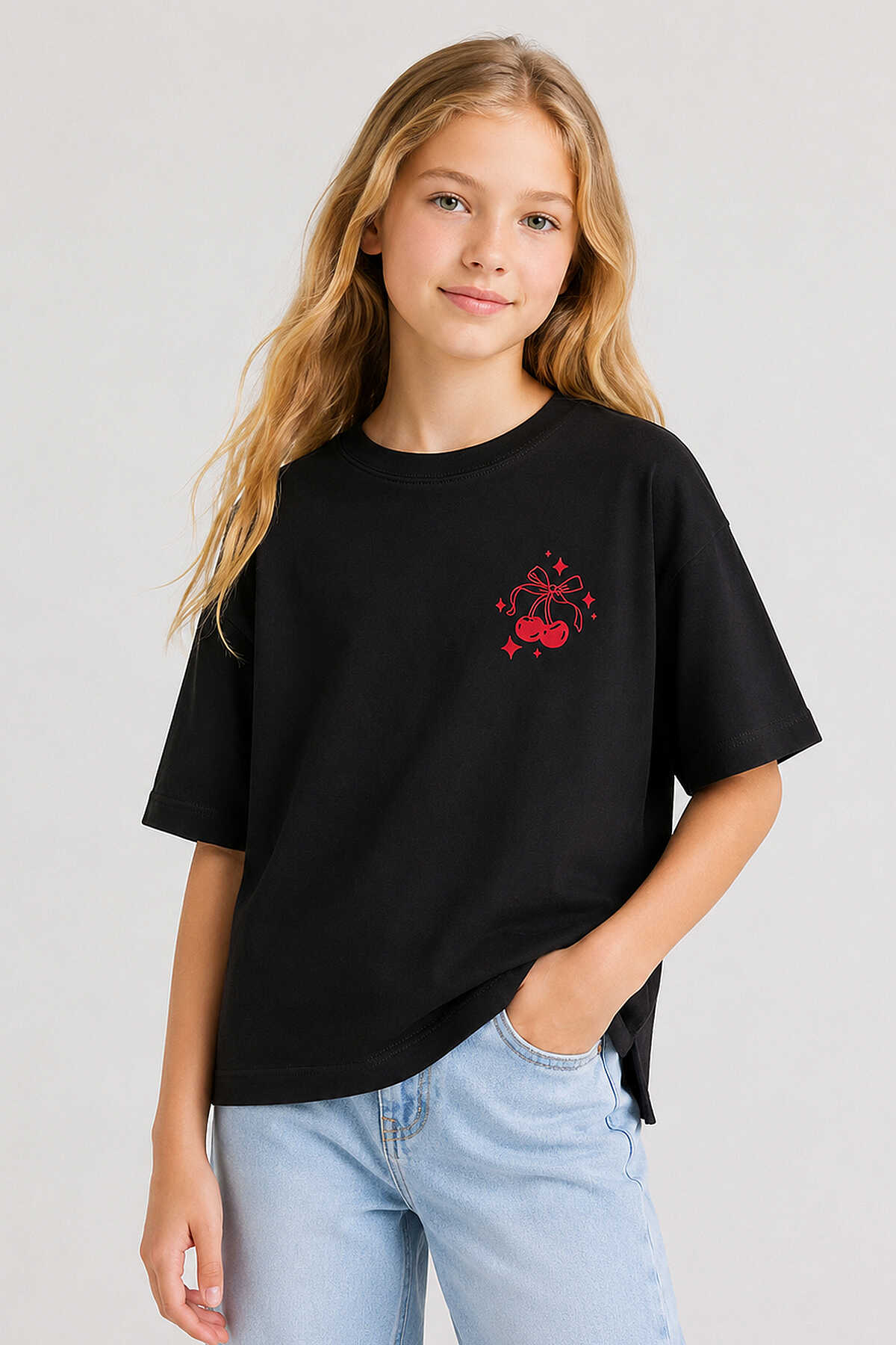 Tommylife Toptan Siyah Oversize Kısa Kollu Baskılı Kız Çocuk T-Shirt - 75176 - 1