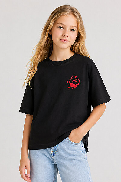 Tommylife Toptan Siyah Oversize Kısa Kollu Baskılı Kız Çocuk T-Shirt - 75176