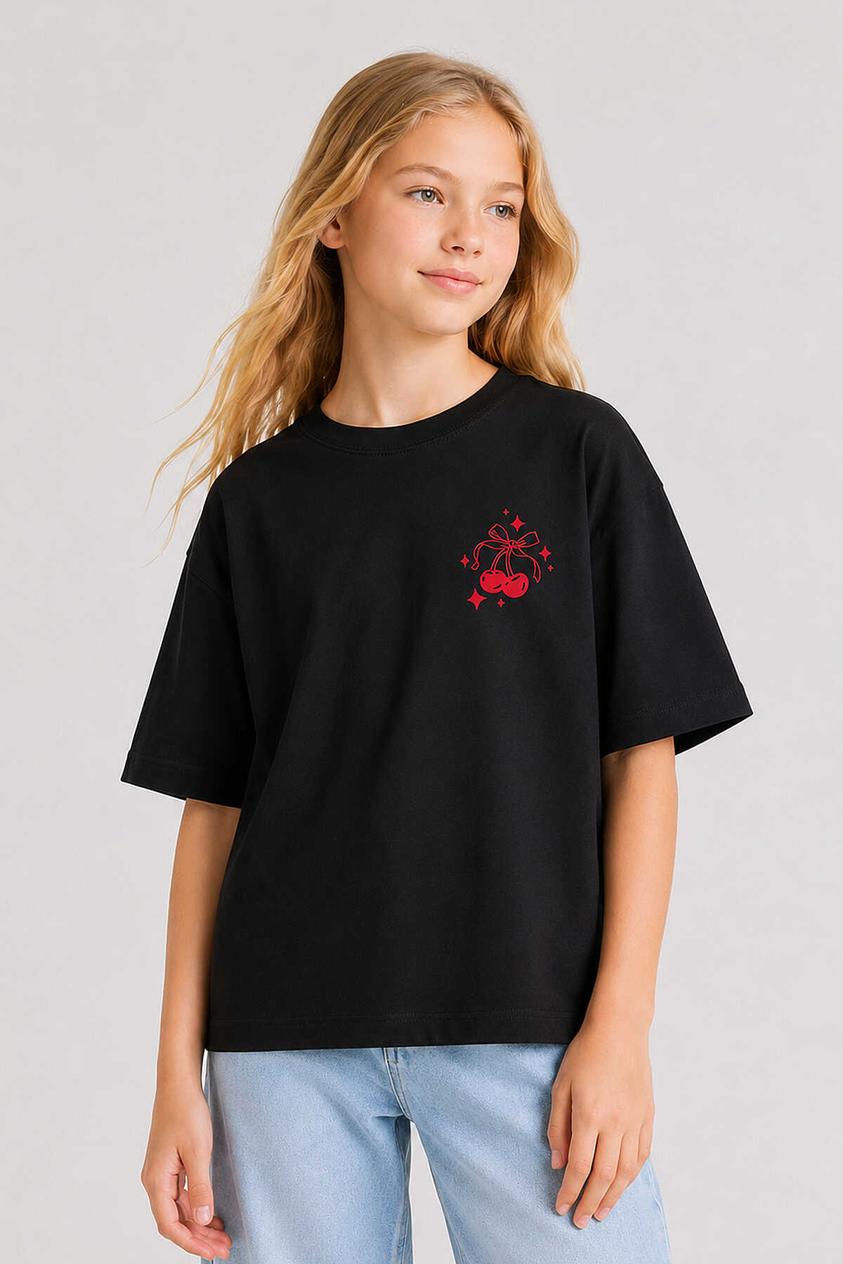 Tommylife Toptan Siyah Oversize Kısa Kollu Baskılı Kız Çocuk T-Shirt - 75176 - 2