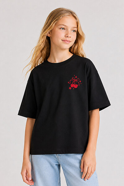 Tommylife Toptan Siyah Oversize Kısa Kollu Baskılı Kız Çocuk T-Shirt - 75176 - 2