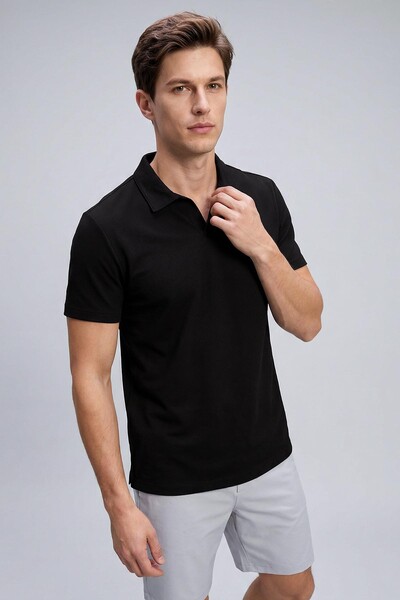 TOMMYLIFE - Tommylife Toptan Siyah Rahat Form Yumuşak Dokulu Polo Yaka Erkek T-Shirt - 88496