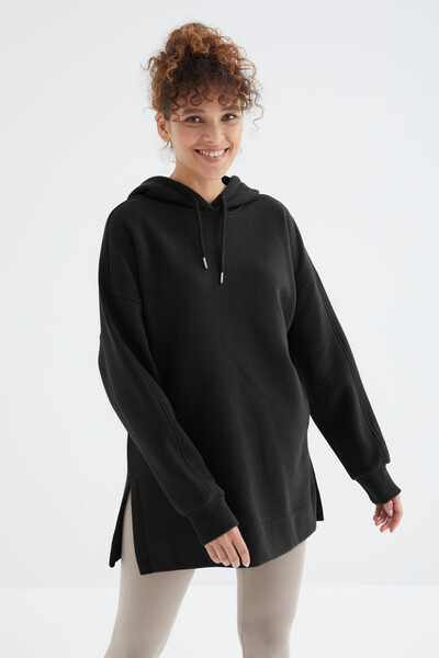 Tommylife Toptan Siyah Reglan Kol Basic Kapüşonlu Oversize Tunik - 97242 - Thumbnail