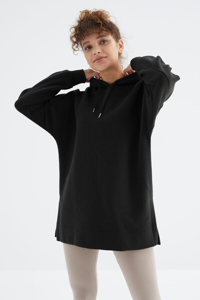 Tommylife Toptan Siyah Reglan Kol Basic Kapüşonlu Oversize Tunik - 97242 - Thumbnail