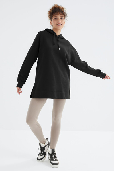 Tommylife Toptan Siyah Reglan Kol Basic Kapüşonlu Oversize Tunik - 97242 - Thumbnail