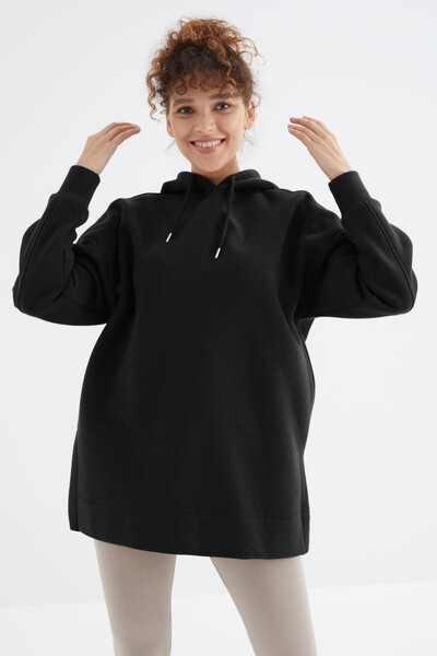 Tommylife Toptan Siyah Reglan Kol Basic Kapüşonlu Oversize Tunik - 97242 - Thumbnail